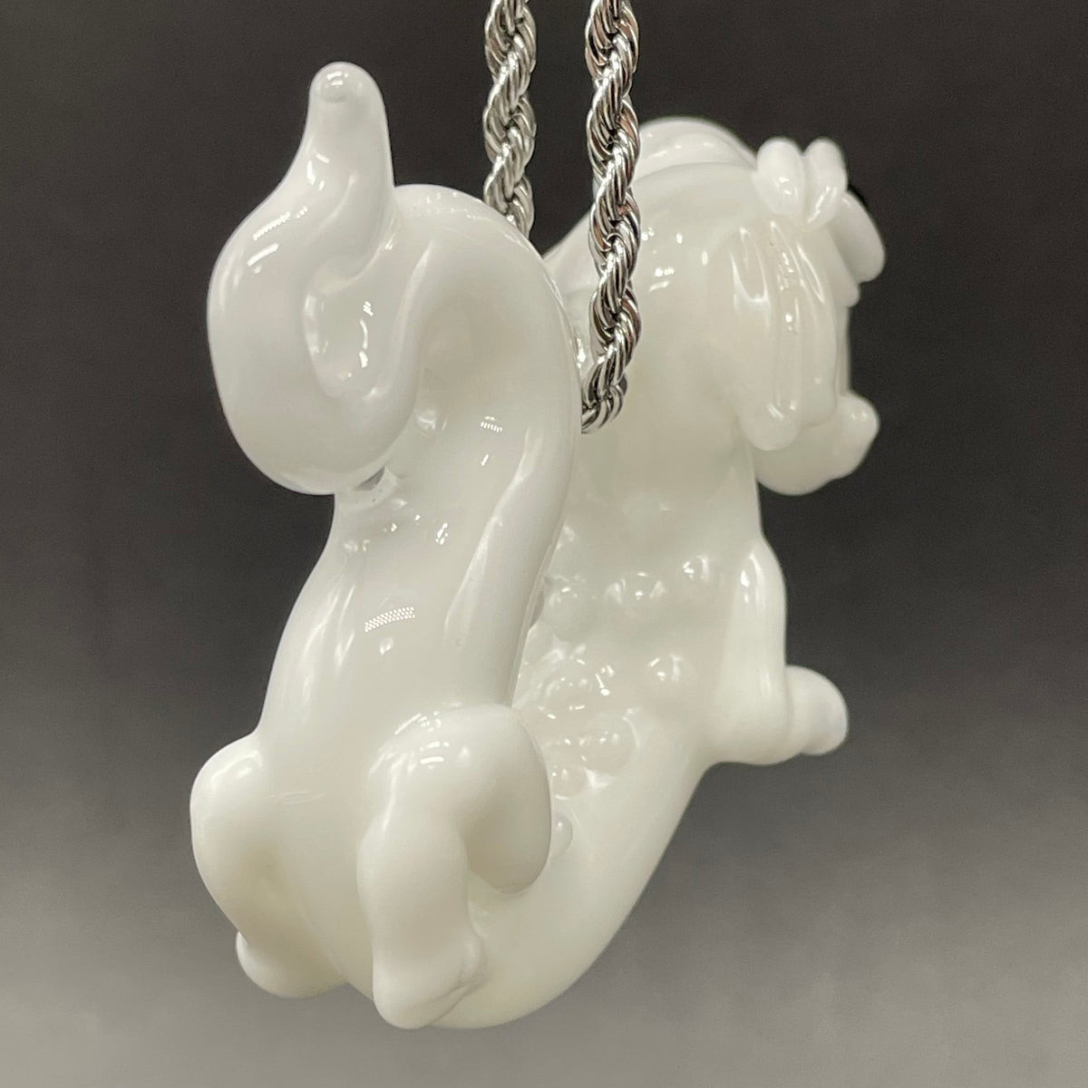 Falcore the Luck Dragon handblown glass sculpture - Neverending Story white fur dragon with pink nose, kind eyes, flowing mane, silver rope chain - Leviathan Glass