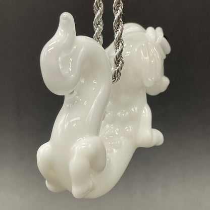 Falcore the Luck Dragon handblown glass sculpture - Neverending Story white fur dragon with pink nose, kind eyes, flowing mane, silver rope chain - Leviathan Glass