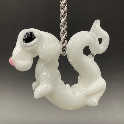 Falcore the Luck Dragon handblown glass sculpture - Neverending Story white fur dragon with pink nose, kind eyes, flowing mane, silver rope chain - Leviathan Glass