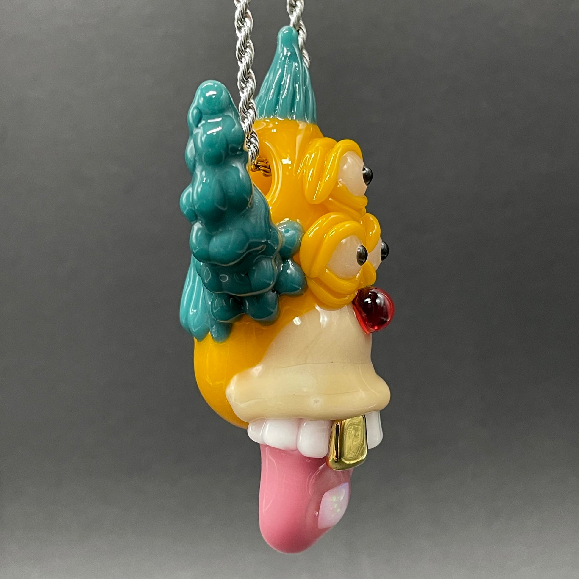Krusty the clown glass pendant with opal tab by Leviathan Glass - artisan detail