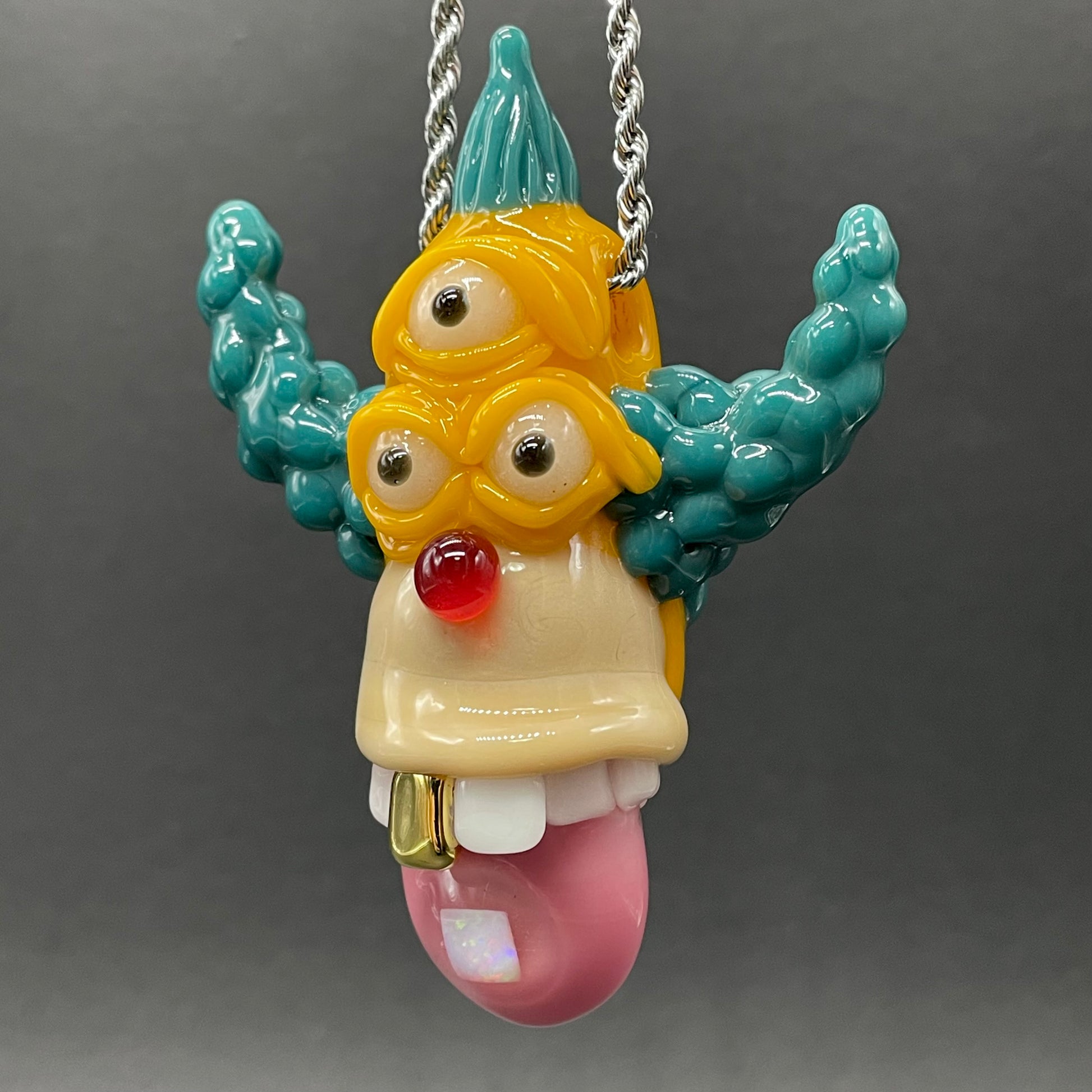 Leviathan Glass Krusty the clown glass pendant with opal tab - hand-blown art