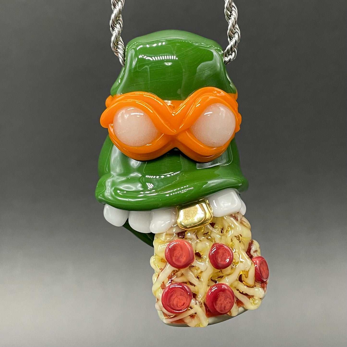 Glass Ninja Turtle Pendant – Handmade Michelangelo Pizza Necklace, TMNT Fan Jewelry detail view - premium glass art