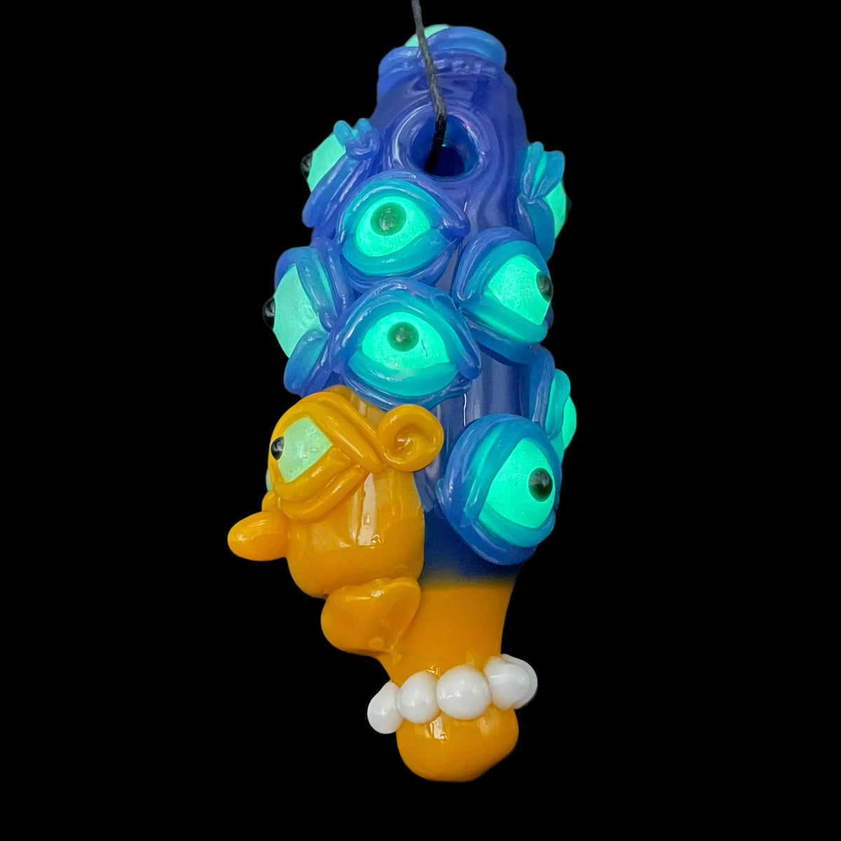 Marge Simpson Mutant handblown glass pendant - yellow Marge Simpson face with towering stack of blue cyclops creatures forming her hair, white pearl beads, silver rope chain - Leviathan Glass