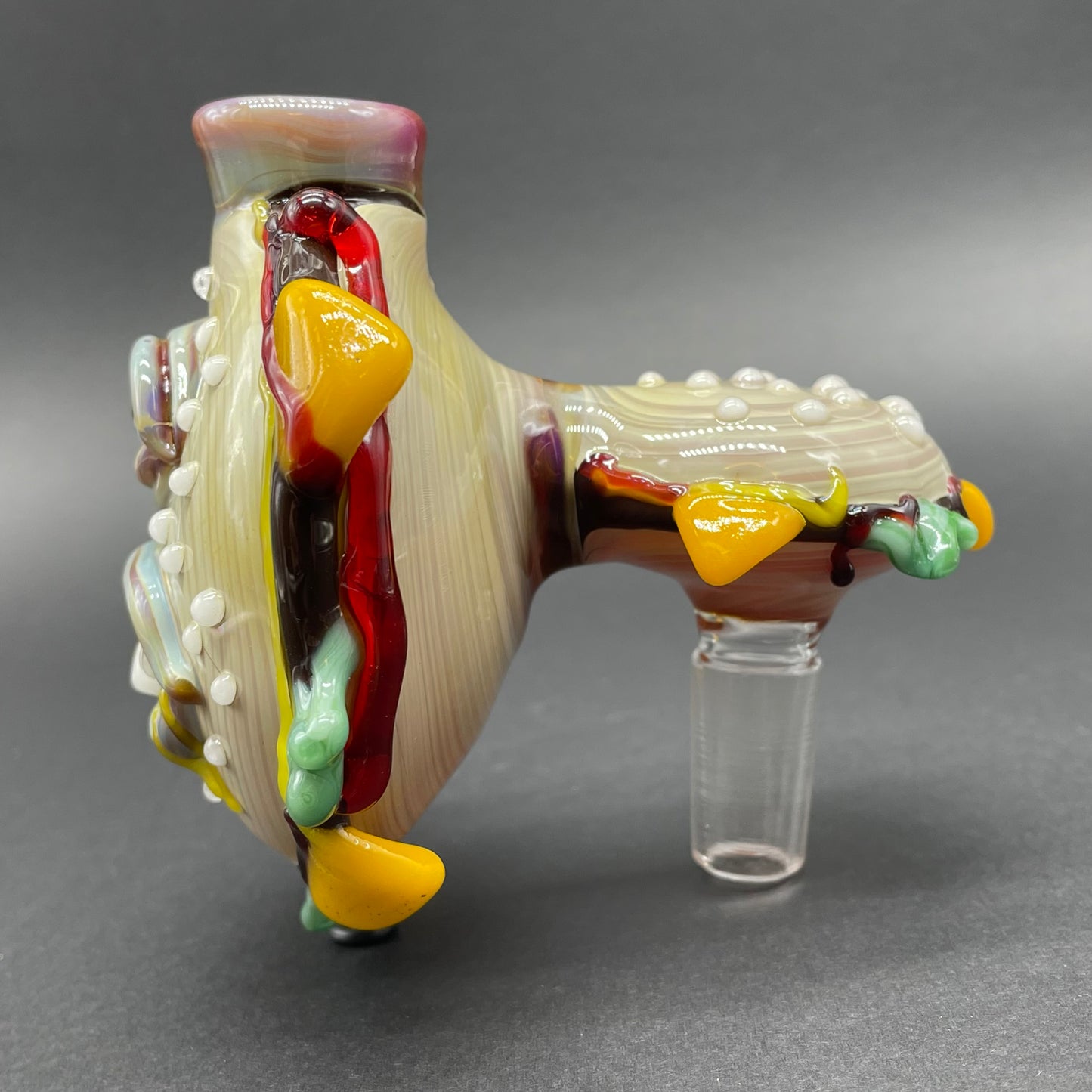 Close-up of Cheeseburger in paradise ash catch - handcrafted glass