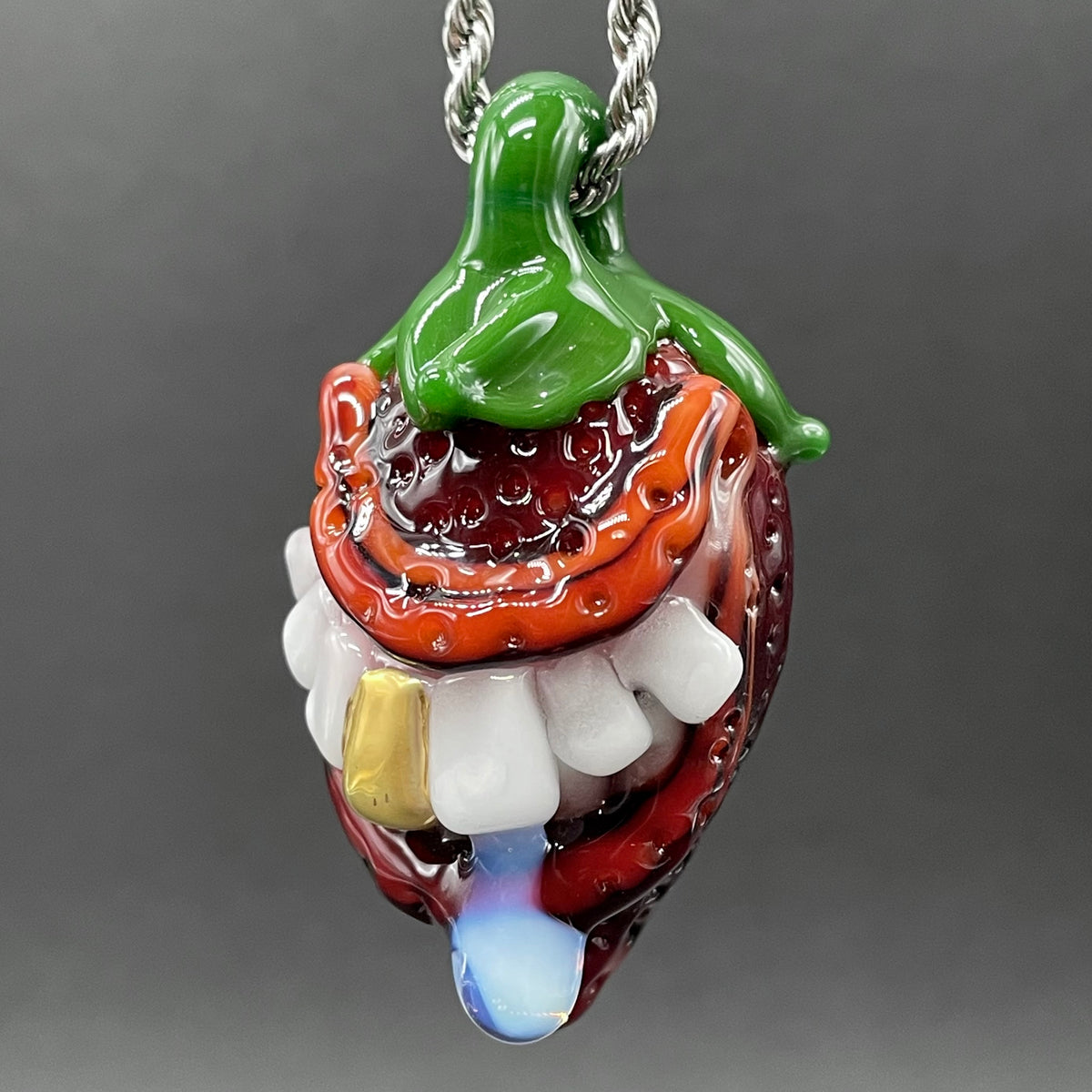 Toothy strawberry pendant glass art - premium handcrafted piece