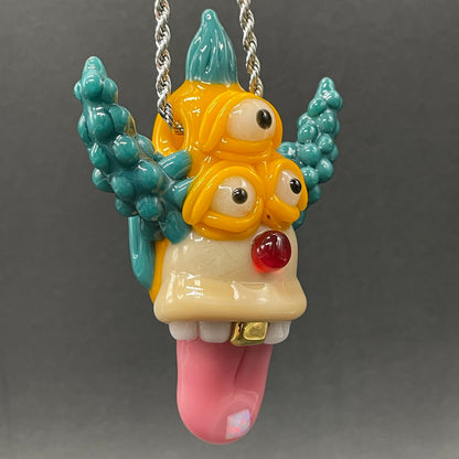 Krusty the Clown handblown glass pendant - Simpsons Krusty clown face with third eye, opal tab accent, white teeth, silver rope chain - Leviathan Glass