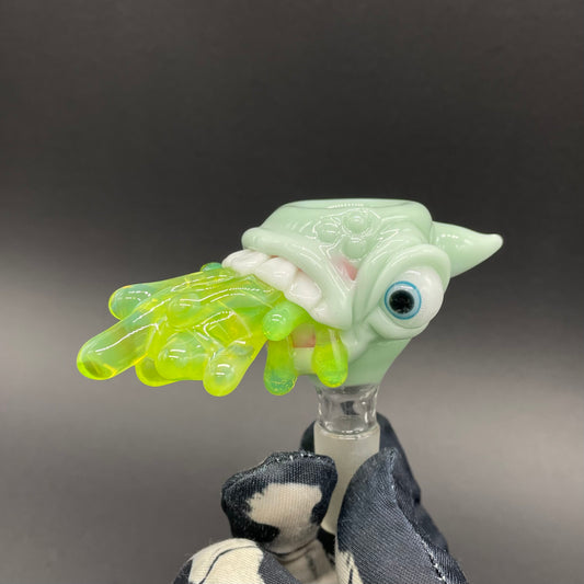 Hand-blown glass 14mm 4 hole barf slide by Leviathan Glass