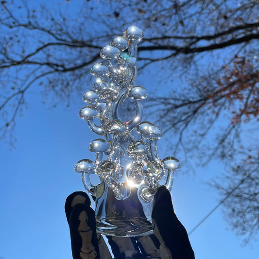 Hand-blown glass TALL CLEAR GLASS MUSHROOM SCULPTURE by Leviathan Glass