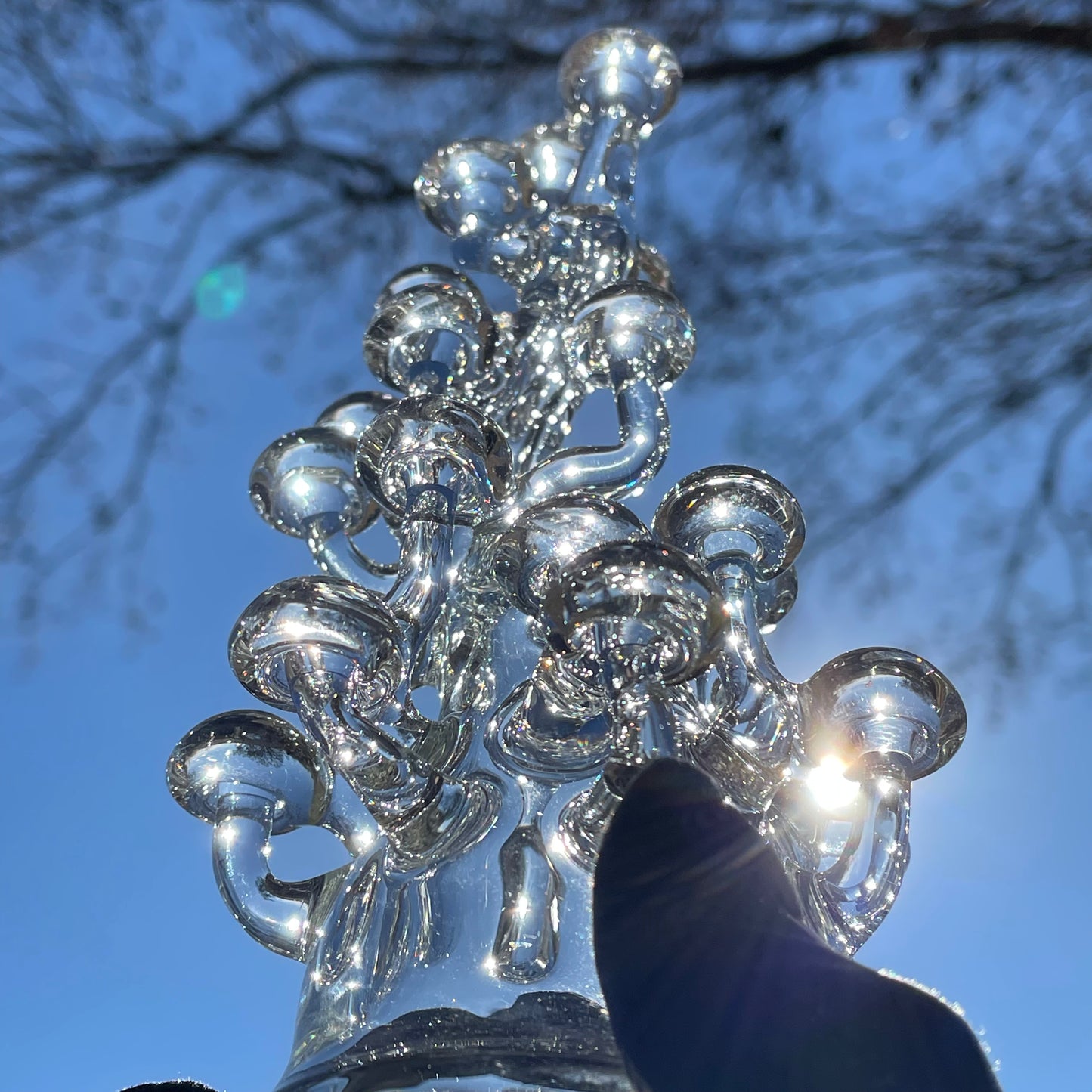 Close-up of TALL CLEAR GLASS MUSHROOM SCULPTURE - handcrafted glass