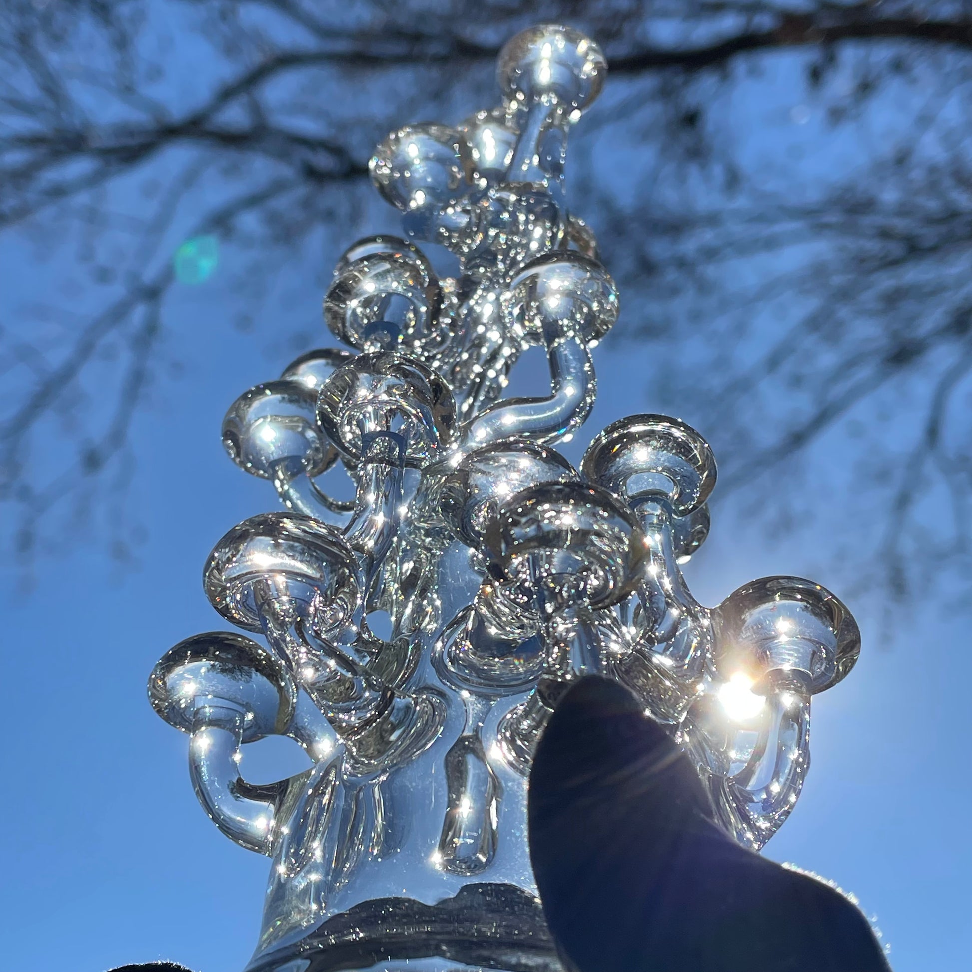 Close-up of TALL CLEAR GLASS MUSHROOM SCULPTURE - handcrafted glass