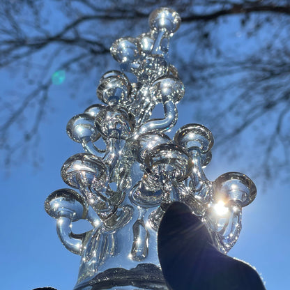 Close-up of TALL CLEAR GLASS MUSHROOM SCULPTURE - handcrafted glass