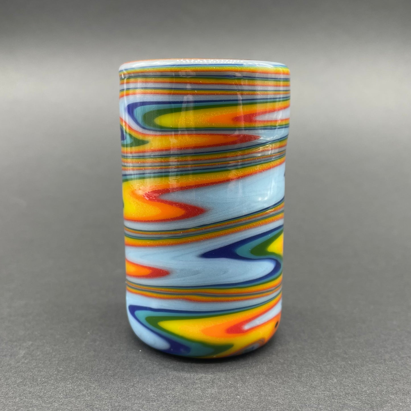 Hand-blown glass rainbow wig wag shot glass by Leviathan Glass