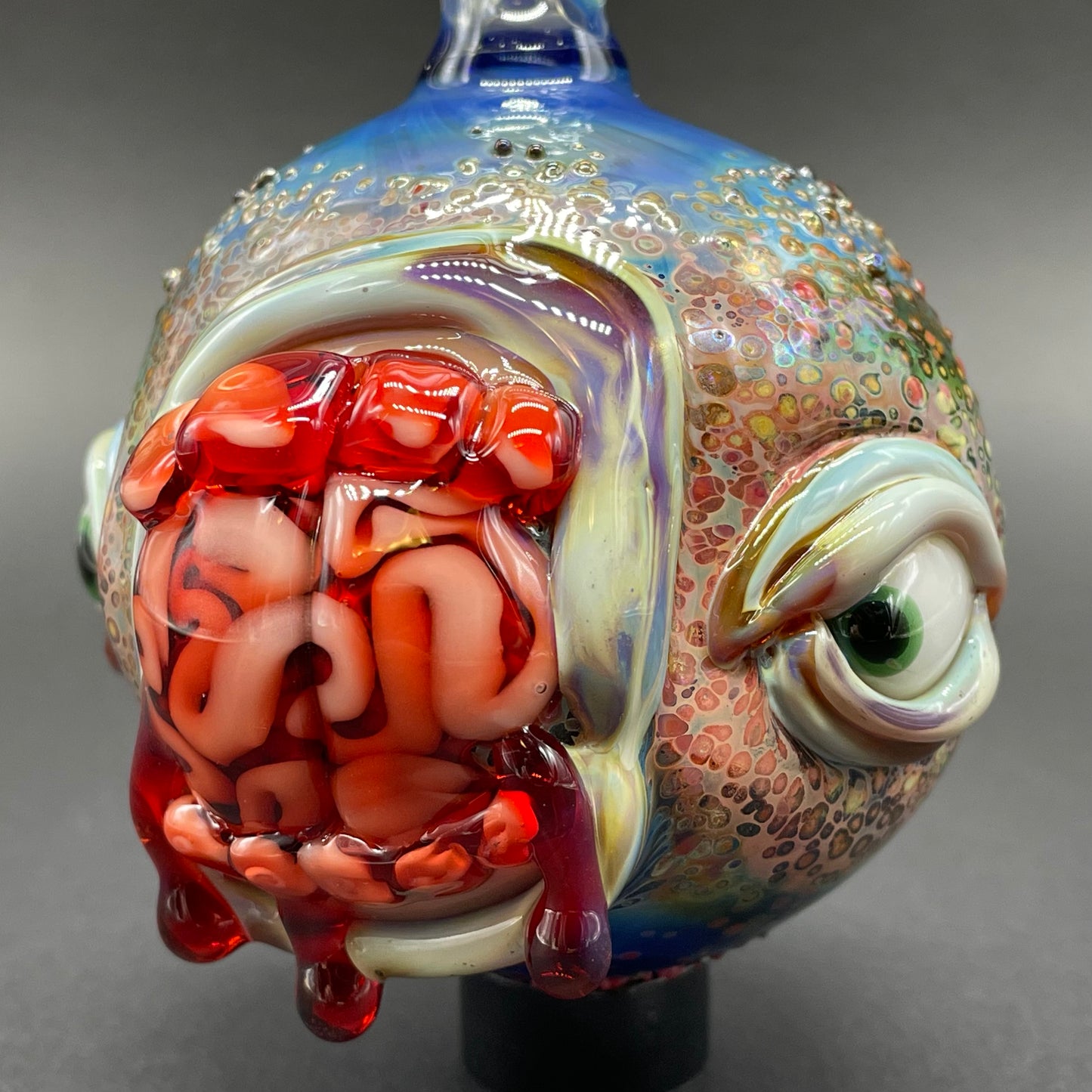 Brain eating zombie ornament detail view - premium glass art