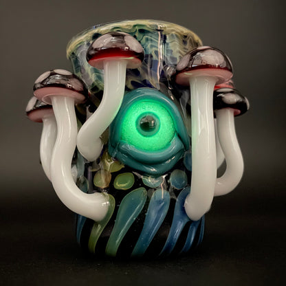 Red mushroom shot glass detail view - premium glass art