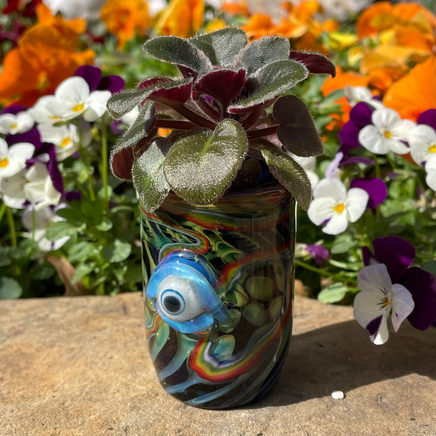 Hand-blown Rainbow cyclops plant pot with drainage holes - Leviathan Glass original