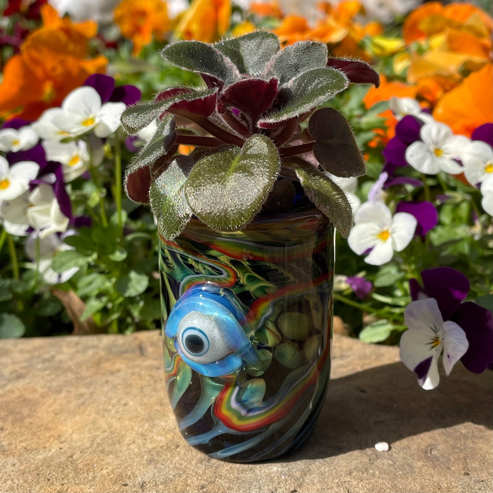 Hand-blown Rainbow cyclops plant pot with drainage holes - Leviathan Glass original