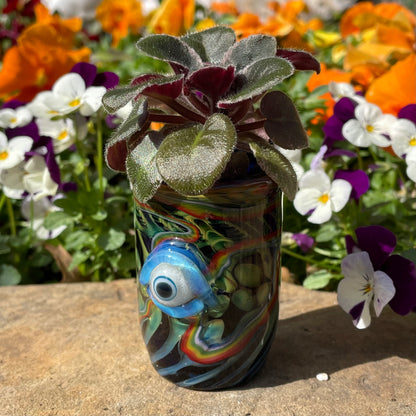 Hand-blown Rainbow cyclops plant pot with drainage holes - Leviathan Glass original