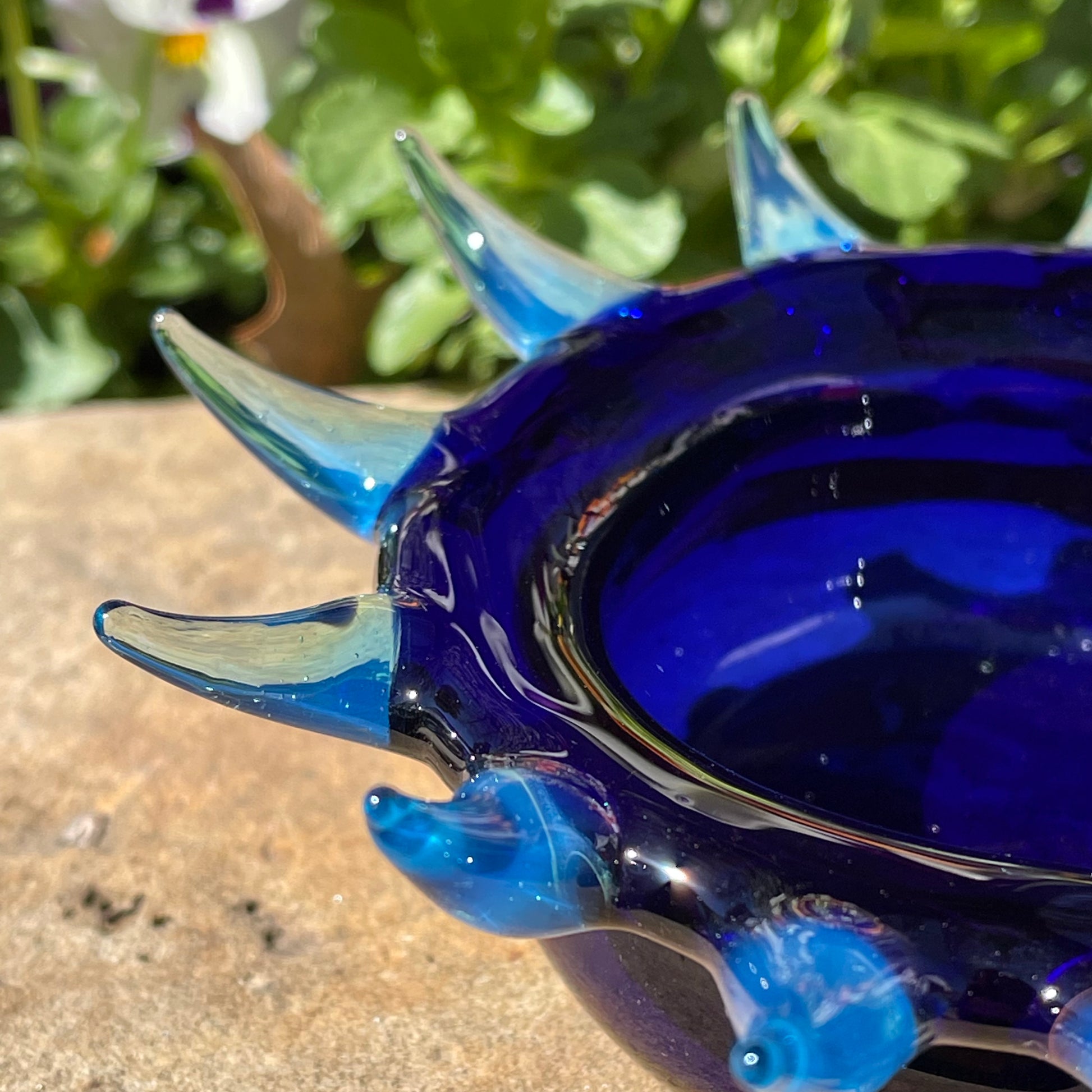 Close-up of Spiny ashtray - handcrafted glass