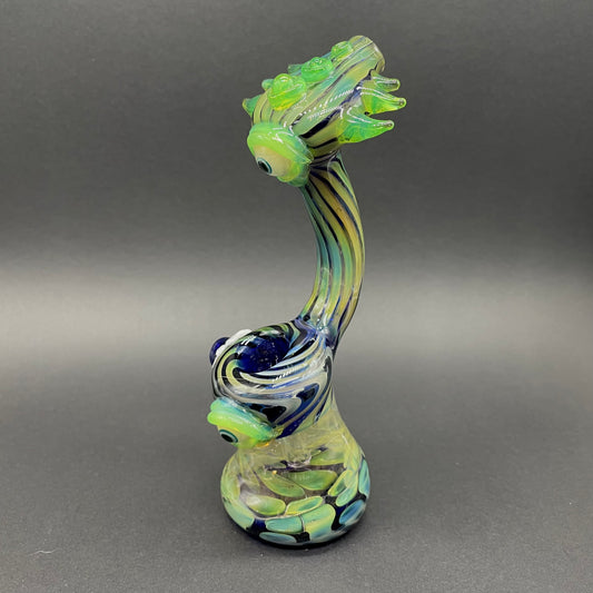 Hand-blown glass alien head bubbler by Leviathan Glass