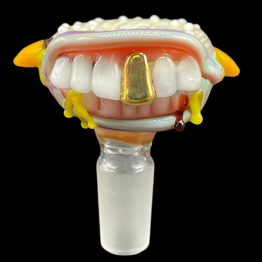 Hand-blown glass 14mm cheeseburger slide by Leviathan Glass