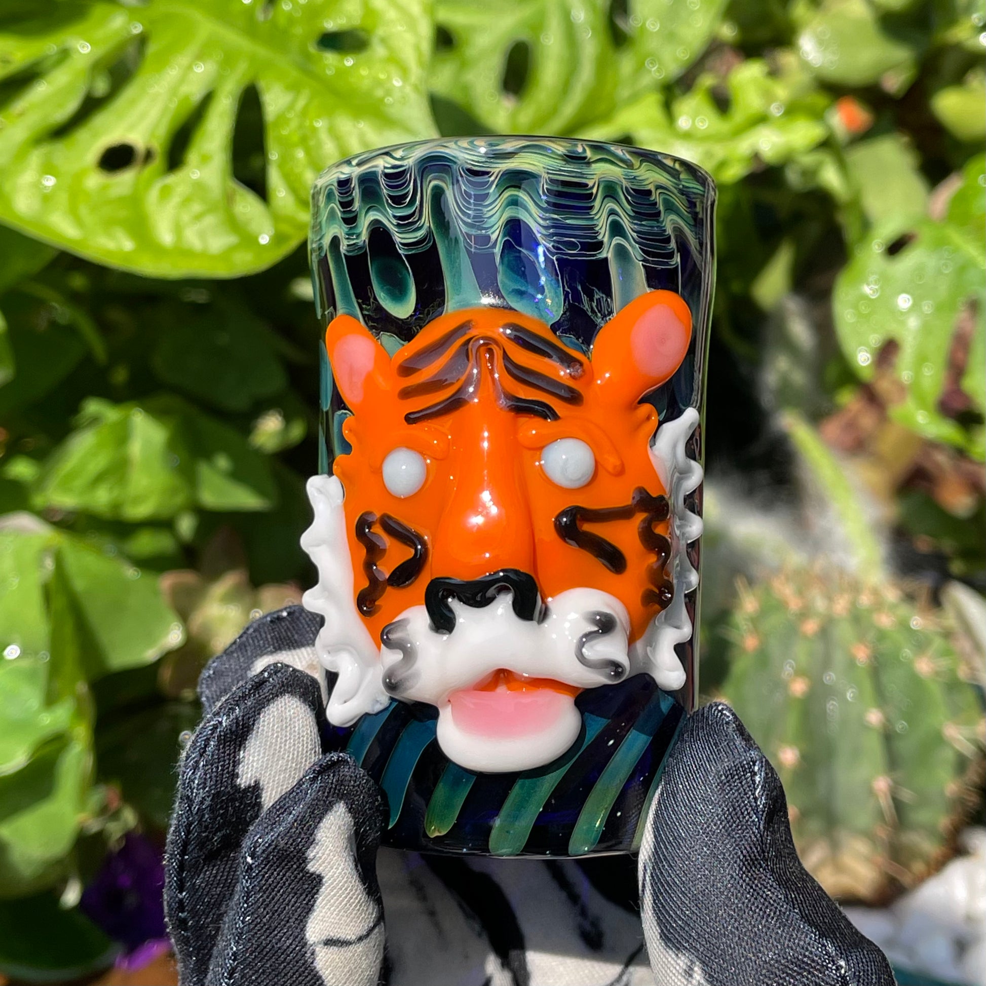 Tiger shot glass detail view - premium glass art