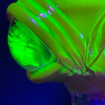 Hand-blown 14mm red blacklight reactive slide set with tongue and horn - Leviathan Glass original