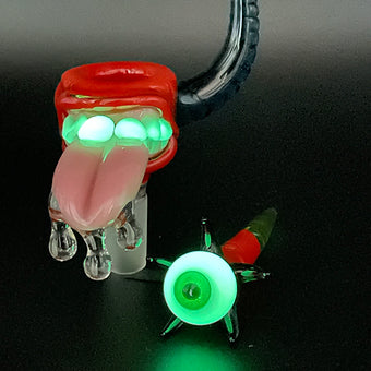 14mm red blacklight reactive slide set with tongue and horn glass art - premium handcrafted piece