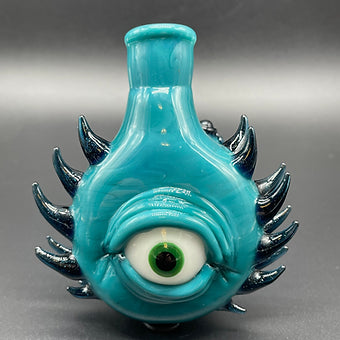 Close-up of 14mm 90º Agua Azul Spiked ash catcher set - handcrafted glass