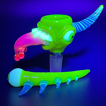 Hand-blown glass 14mm Citrine Yellow Tongue Slide and poker by Leviathan Glass