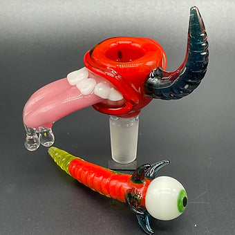 14mm red blacklight reactive slide set with tongue and horn detail view - premium glass art