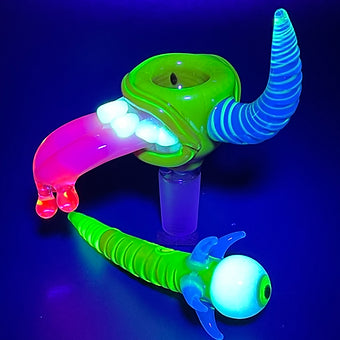 Hand-blown glass 14mm red blacklight reactive slide set with tongue and horn by Leviathan Glass