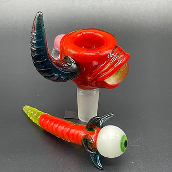 14mm red blacklight reactive slide set with tongue and horn craftsmanship - artisan glass work