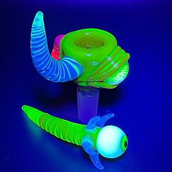 Leviathan Glass 14mm red blacklight reactive slide set with tongue and horn - hand-blown art