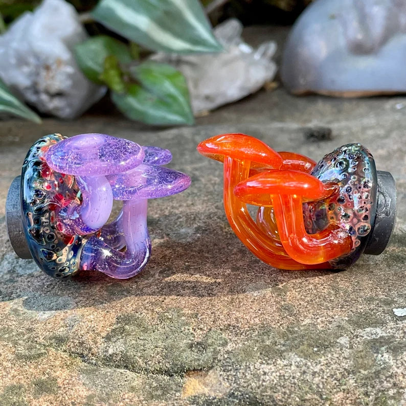 2 mushroom magnets detail view - premium glass art