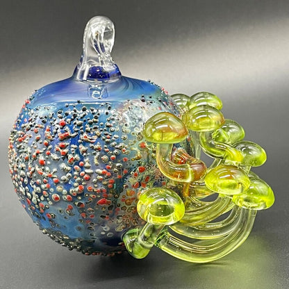 Green mushroom cluster ornament detail view - premium glass art