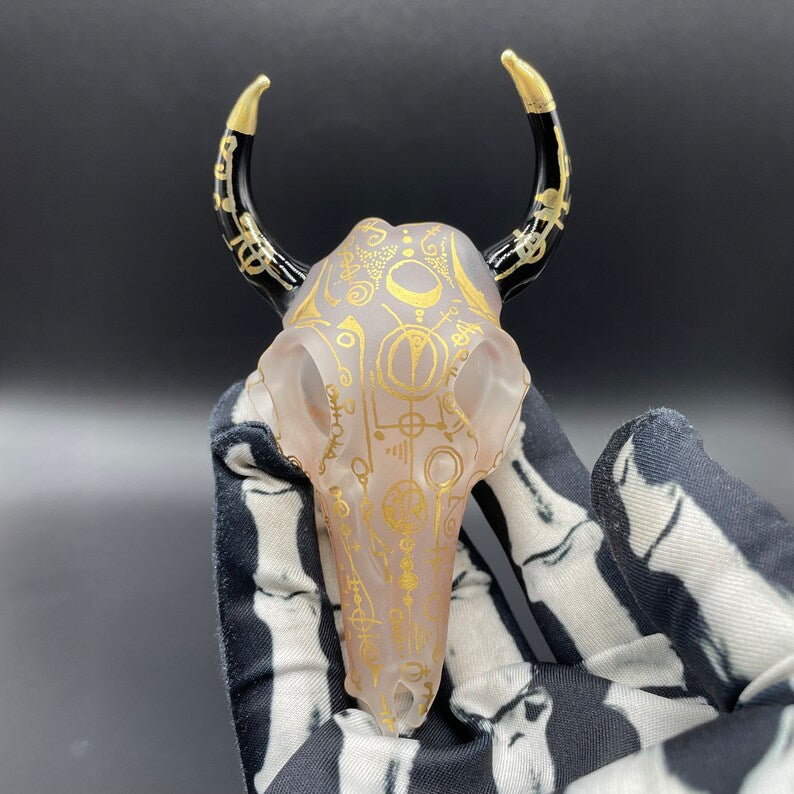 Artisan glass Mystical Gold rune bull skull - detailed craftsmanship
