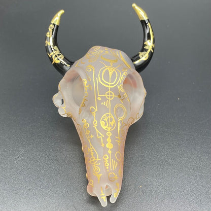 Mystical Gold rune bull skull detail view - premium glass art