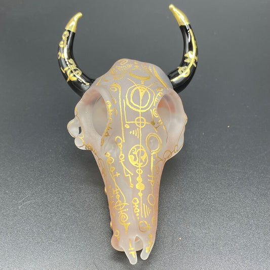 Mystical Gold rune bull skull detail view - premium glass art