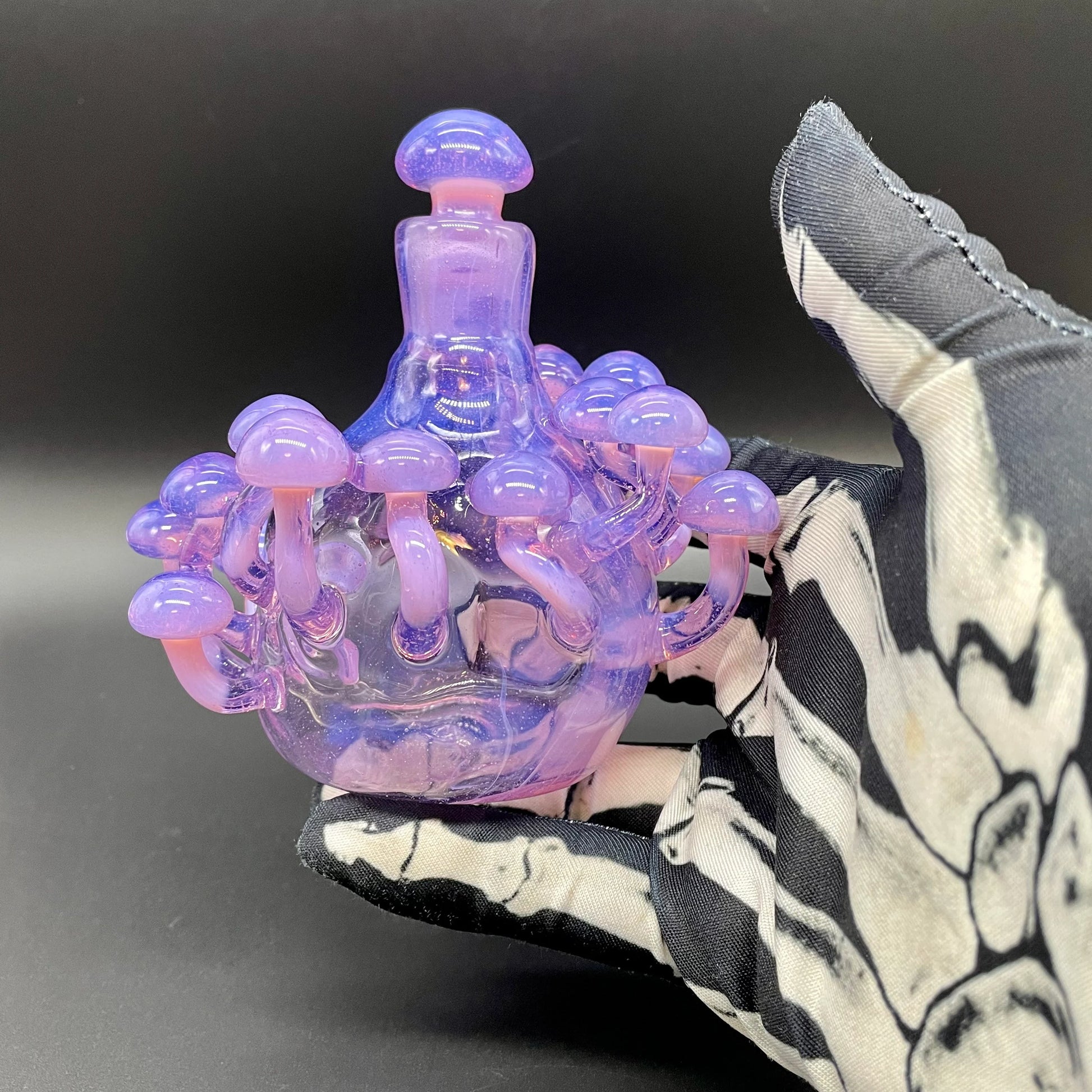 Pink slime mushroom decanter detail view - premium glass art