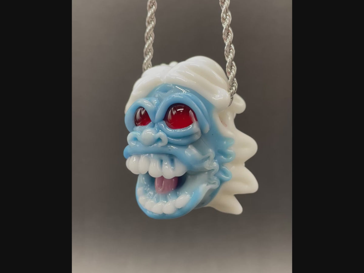 Load video: Ice Blue Face &amp; Snow White Haired Yeti Pendant by Leviathan Glass 